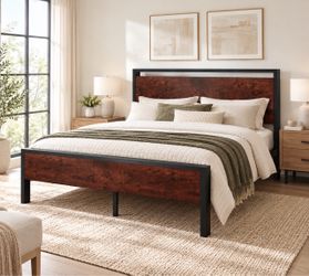 Full Size Mahogany Wooden & Metal Bed Frame With Mattress