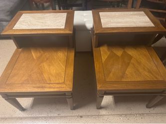 Pair of Mid-Century Modern W.Z. Style Travertine Top Step End Tables