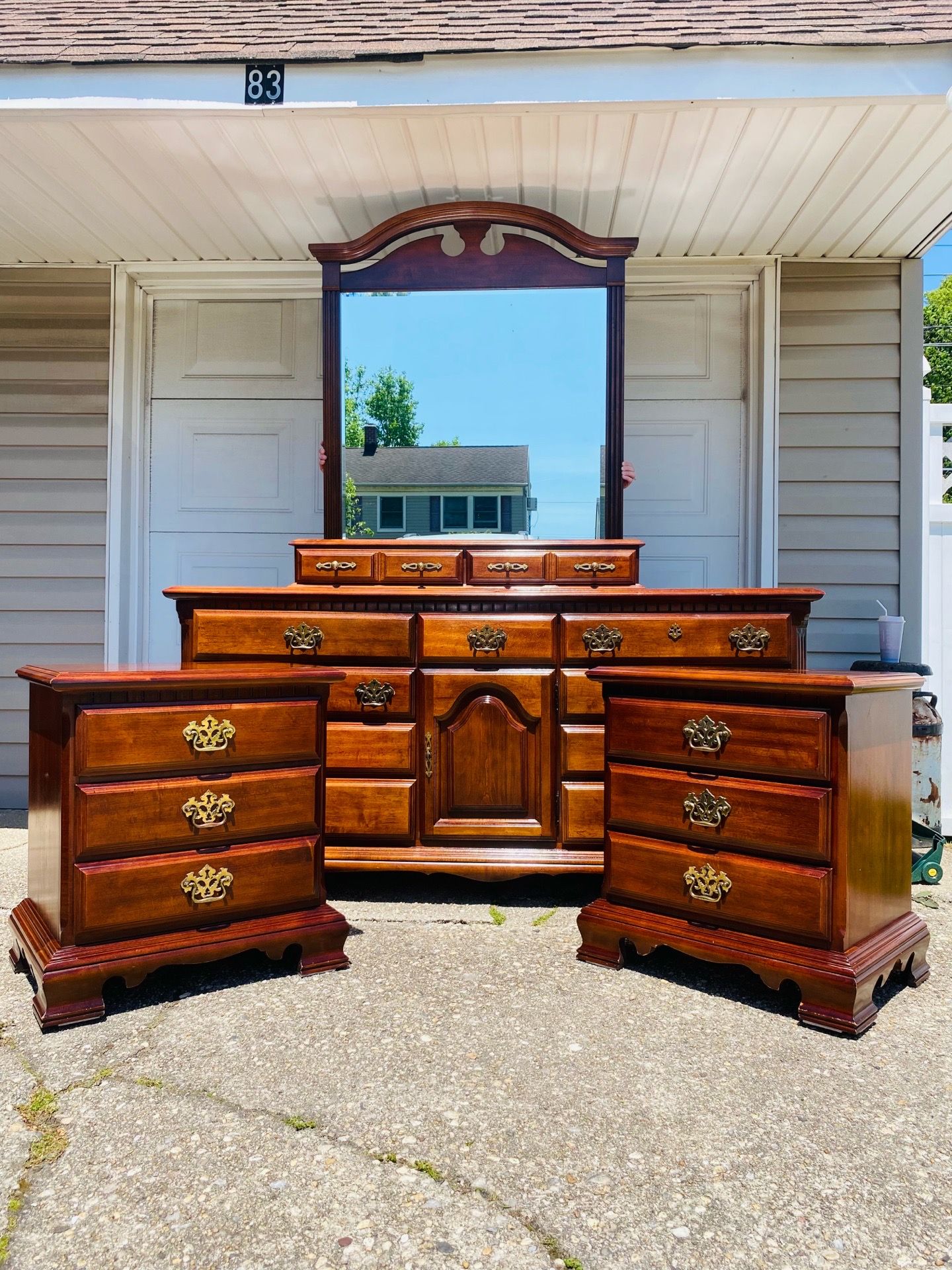 Beautiful solid wood long dresser, mirror and matching night stands