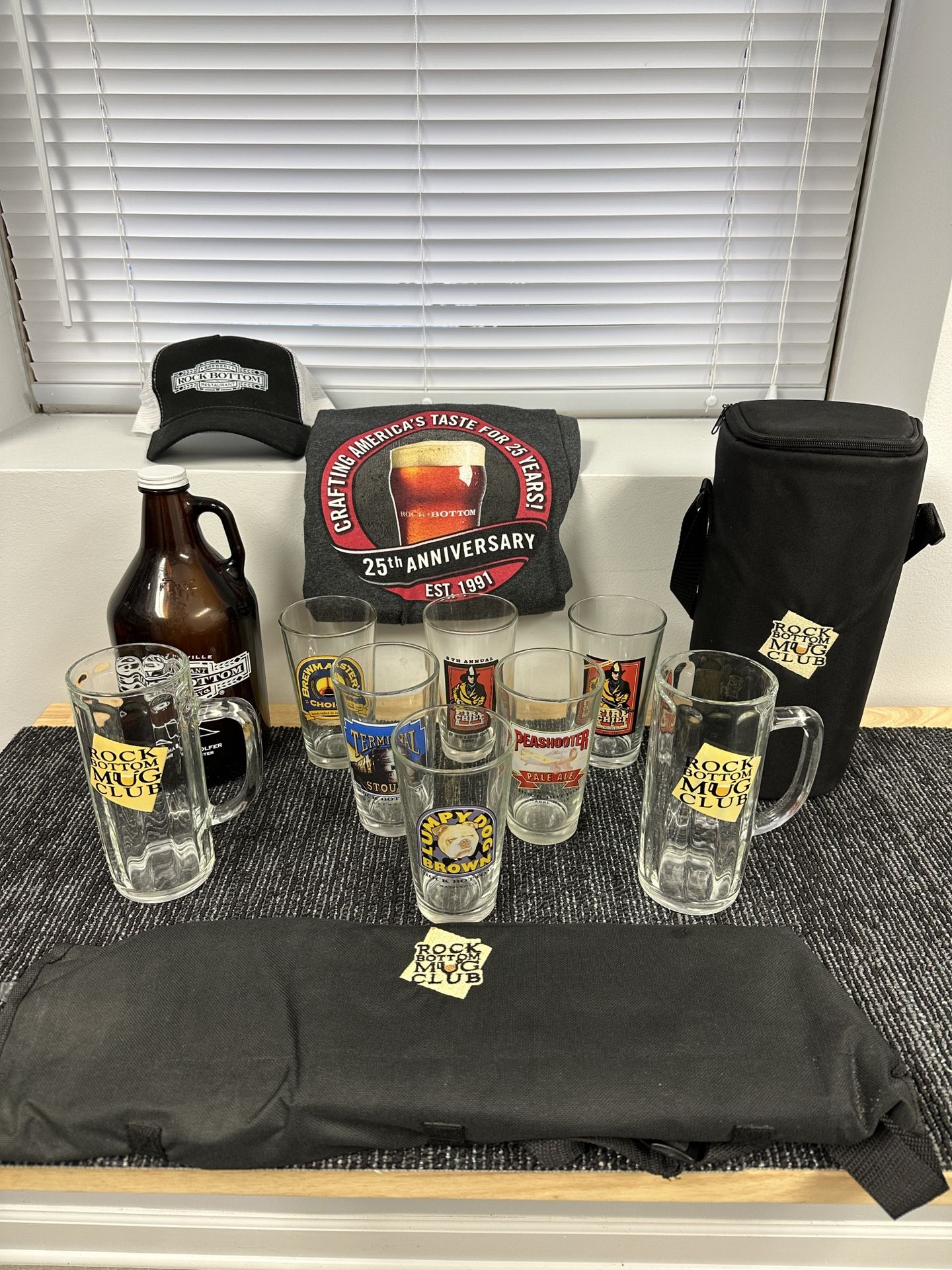 Rock Bottom Brewery Mug Club Glassware Collection With Hat Shirt and Grill Set