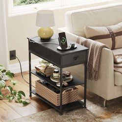 WLIVE Narrow Side Table with USB Ports & Outlets – End Table with Drawer & Shelves