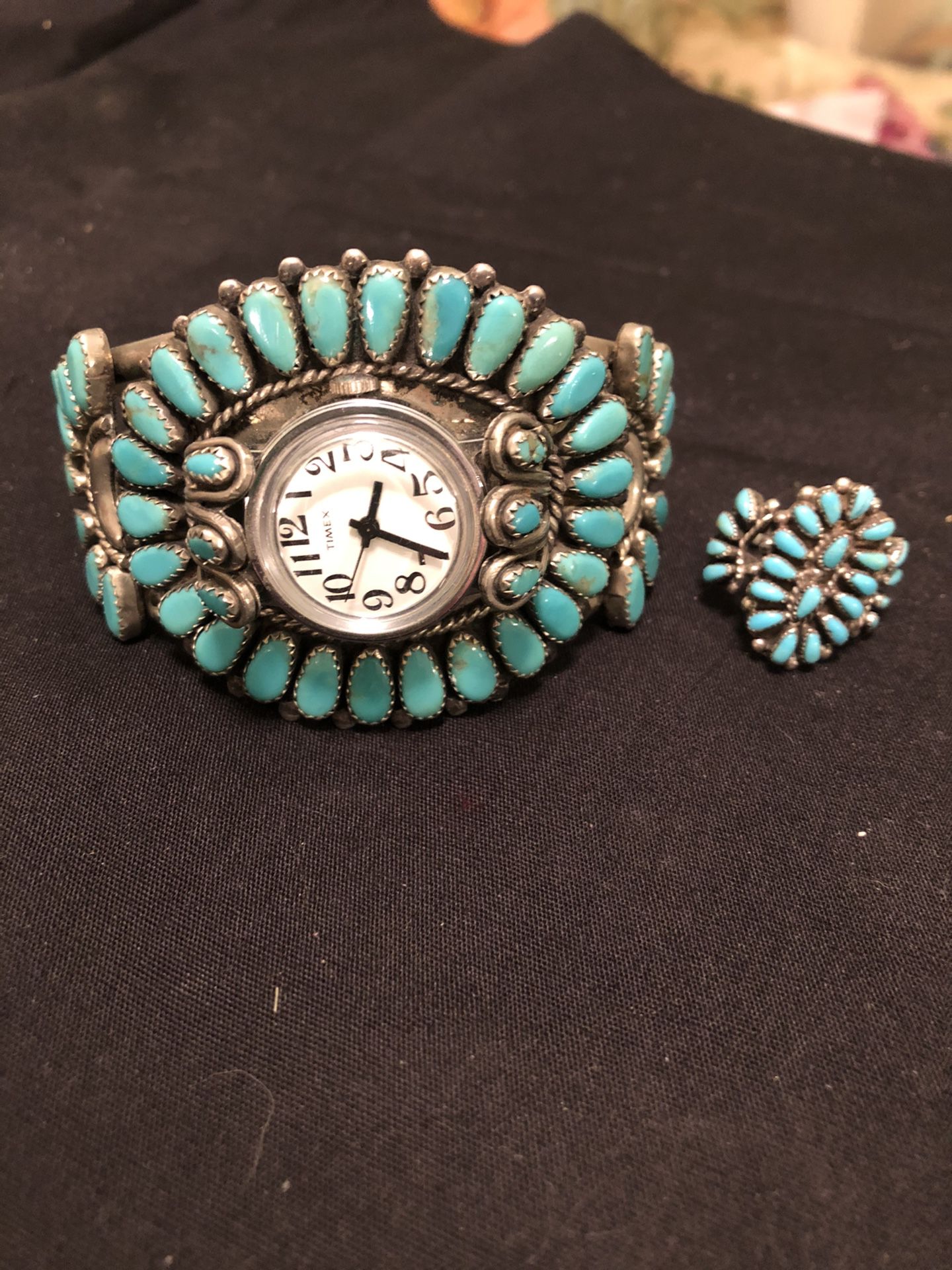 Beautiful Zuni Sterling silver and turquoise cuff watch and matching ring size 8 genuine turquoise