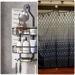 New Black Shower Caddy And Shower Curtain Whit Hooks 