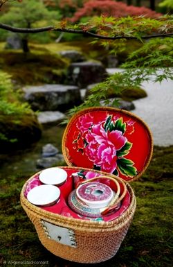 Red Floral Glazed Ceramic Tea Set w/ Teapot, Lid, 2 Cups & Wicker Basket