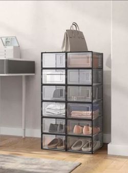 SONGMICS Shoe Boxes Pack of 12 Shoe Storage Organizers Stackable Clear Plastic Boxes Transparent and Black

New assembled it already