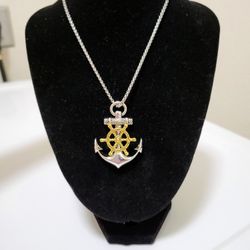 Anchor Pendant Necklace with Gold Helm Detail and Silver Chain for Nautical Style for Men