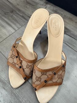 Gucci GG Canvas Mule Heels Sandals Size 37.5C Made in Italy 211794