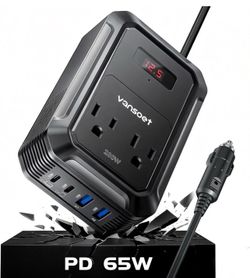 200W Car Power Inverter DC 12V to 110V AC Inverter with PD 65W/30W USB C & 2 QC 18W USB Ports & 2 AC Outlets,Car Pluɡ Adapter Outlet for Laptop/Phone/