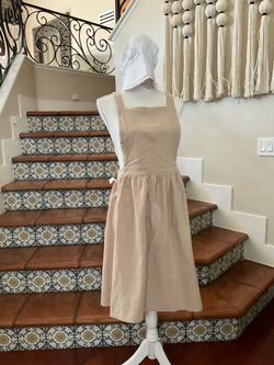 Halloween costume ; Beige Linen Sleeveless Midi Dress with white bonnet