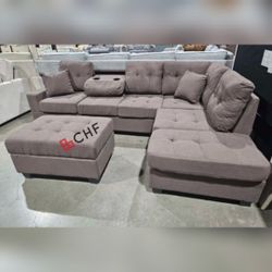 3 Pc Sectional Sofa With Storage Ottoman And Drop -Down  Cupholder 