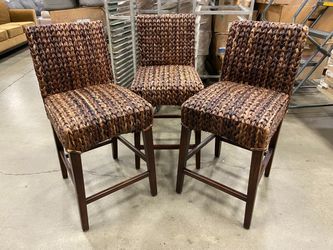 POTTERY BARN Woven Seagrass Counter Height Bar Stool with Dark Wood Legs (Set of 3)