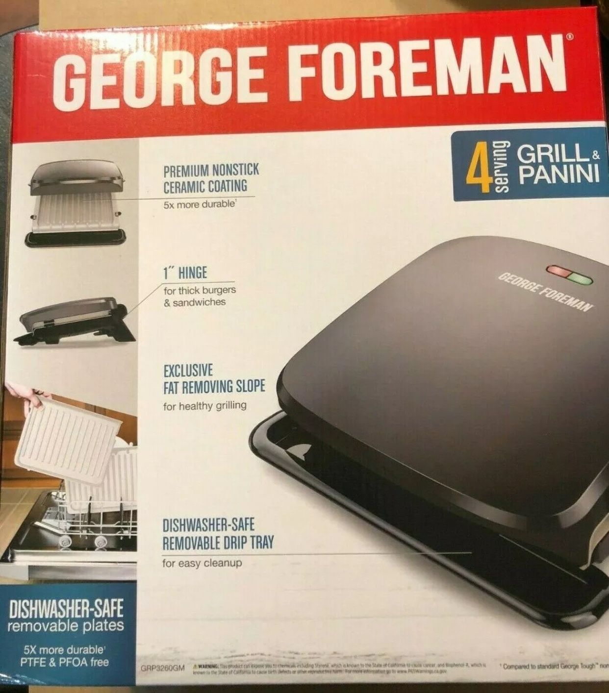 George Foreman 4 Serv. Grill& Panini w/ Removable Dishwasher Safe Tray GRP3260GM new in box