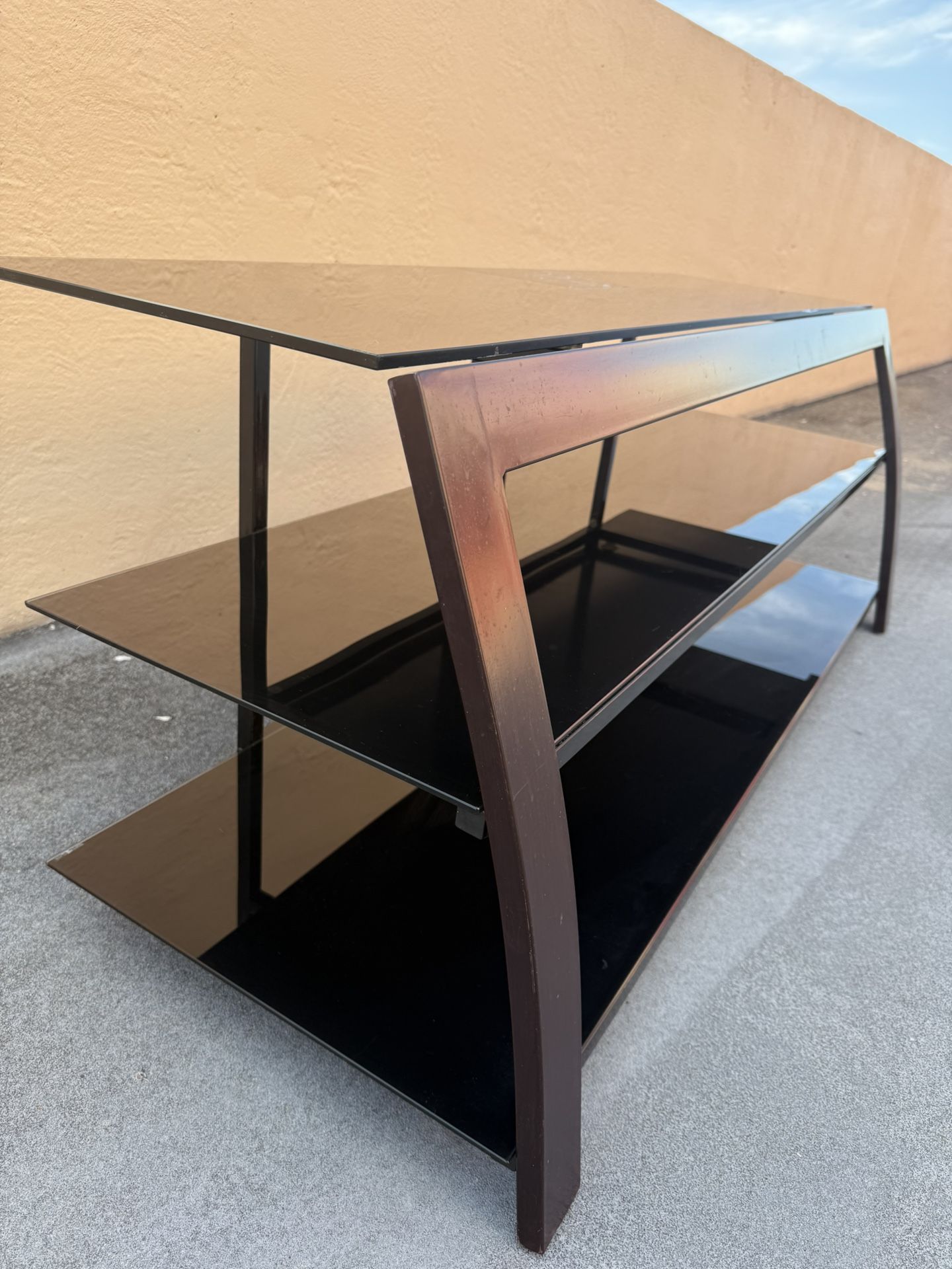 Modern Glass TV Stand – Black Glass & Wood Finish – 3 Shelves