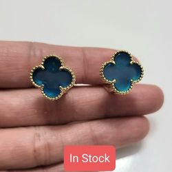 Van 18k Gold Blue Studs Earrings Gift 