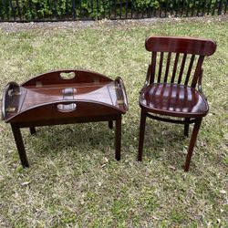 Vintage Table 35”W X 25”1/2D X 16”1/2H With Folding Tray And A Chair  In Good Condition $50 For Both Firm On Price