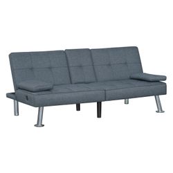 Convertible Futon Sofa Bed with USB Ports & Drop-Down Cupholders