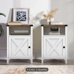 New Fameill Farmhouse End Tables Set of 2, Nightstands Bedside Tables with Barn Door and Open Compartment, Rustic Living Room B