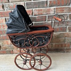 VTG Baby Doll Stroller Carriage Pram—Wood, Metal & Wicker Home Decor 