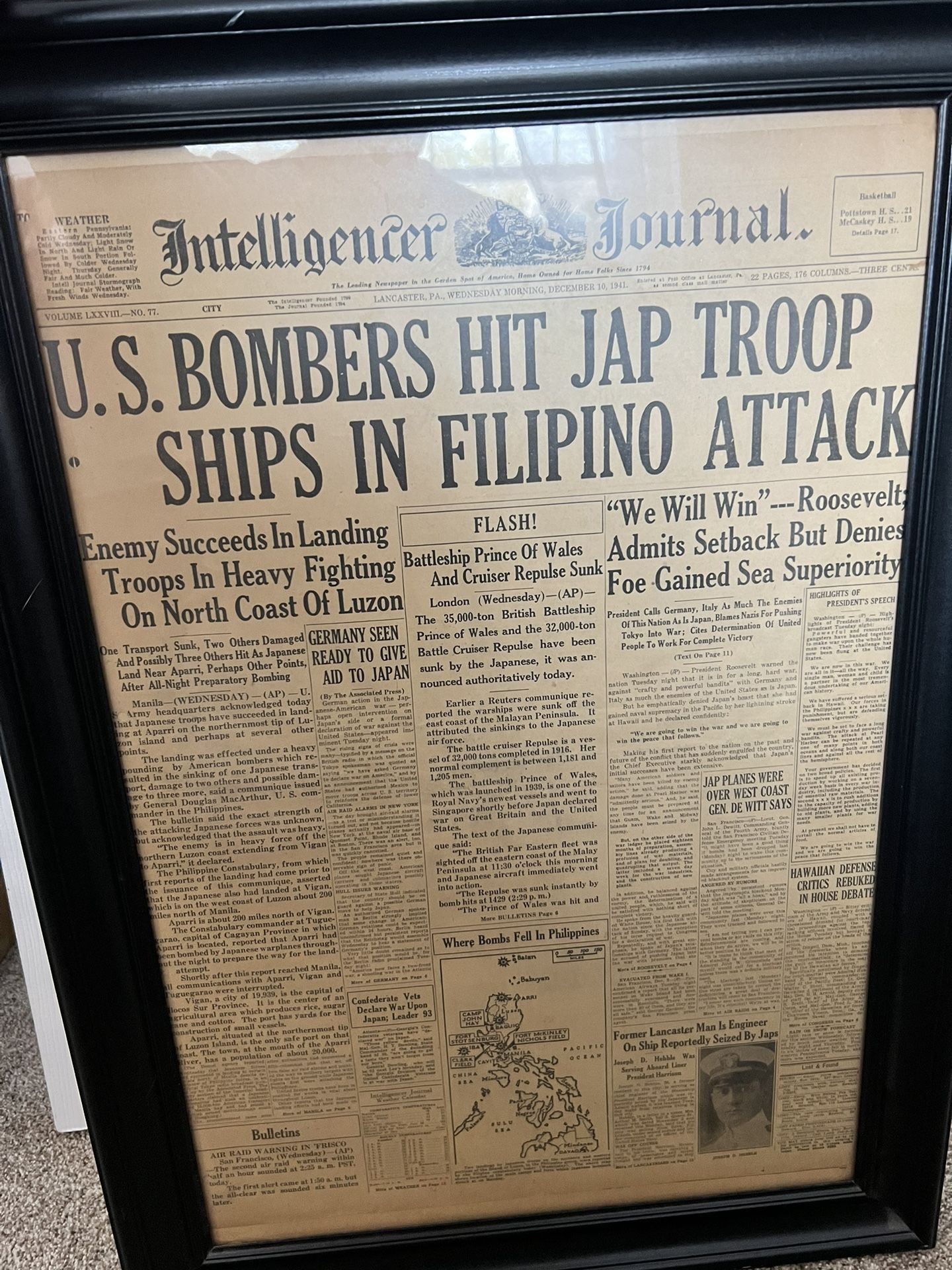 Framed Newspaper from WWII- Lancaster, PA