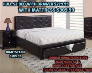 Full sz tufted bed frame with drawer on foot board complete with mattress