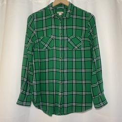 Merona Green Plaid Button Down Womens L Collared 2-Pockets Soft Lumberjack EUC