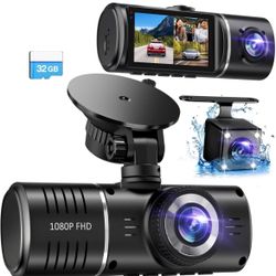 Dash Cam Front and Rear, 1080P Dash Camera for Cars, 3 Channel Car Camera Front Rear and Inside with 32GB Card, Loop Recording, Night Vision, HDR, G-S