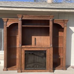 Gorgeous 4 Piece Wooden Entertainment Center w/ Heated Electric Fireplace & Lighted Glass Shelving