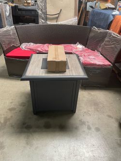 Patio set chairs and table fire pit