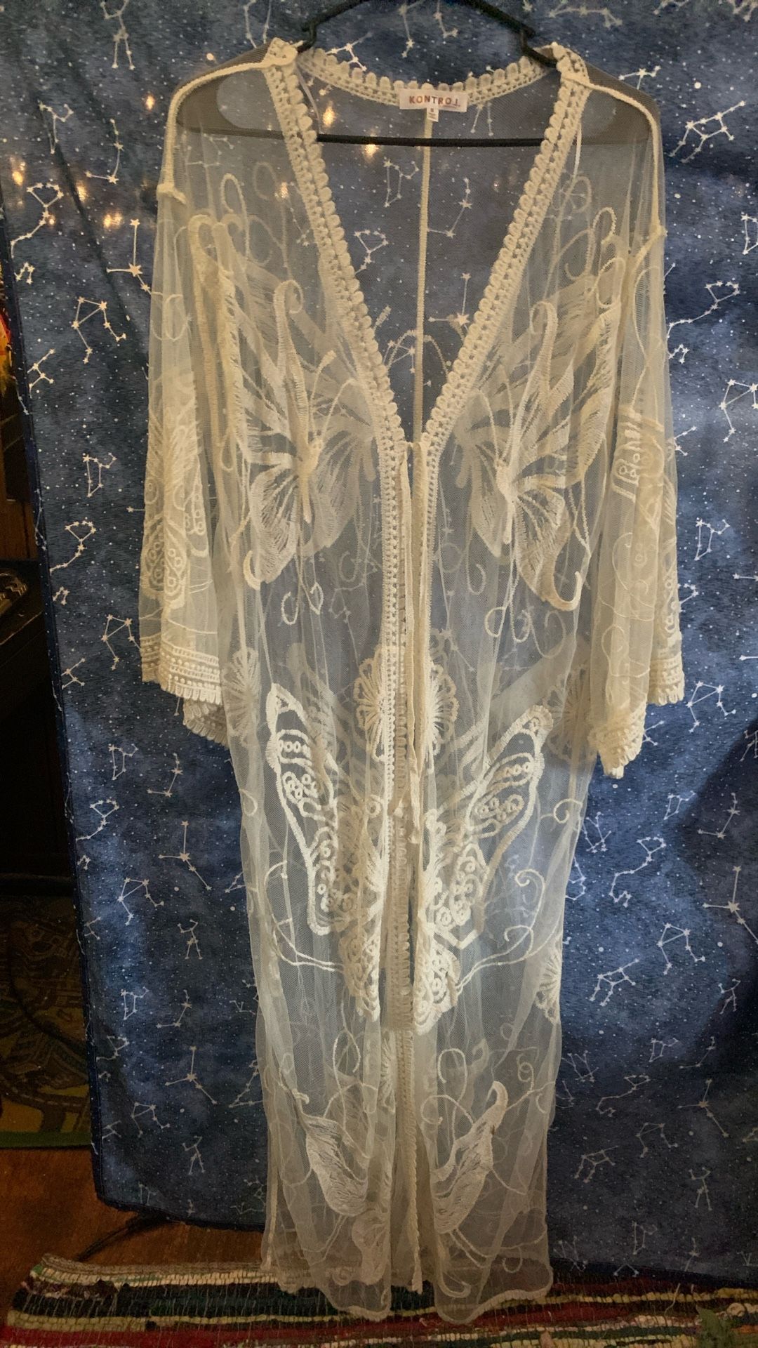 Sheer Kimono With Lace Butterfly Design Sz S