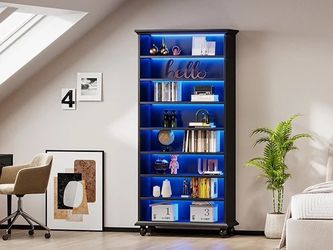 E958 $120  9-Tier Wood Shoe Cabinet Rack with LED Lighting & Solid Wood Legs  Luminated Display - Adjustable LED lights in 64 colors turn your shoe co