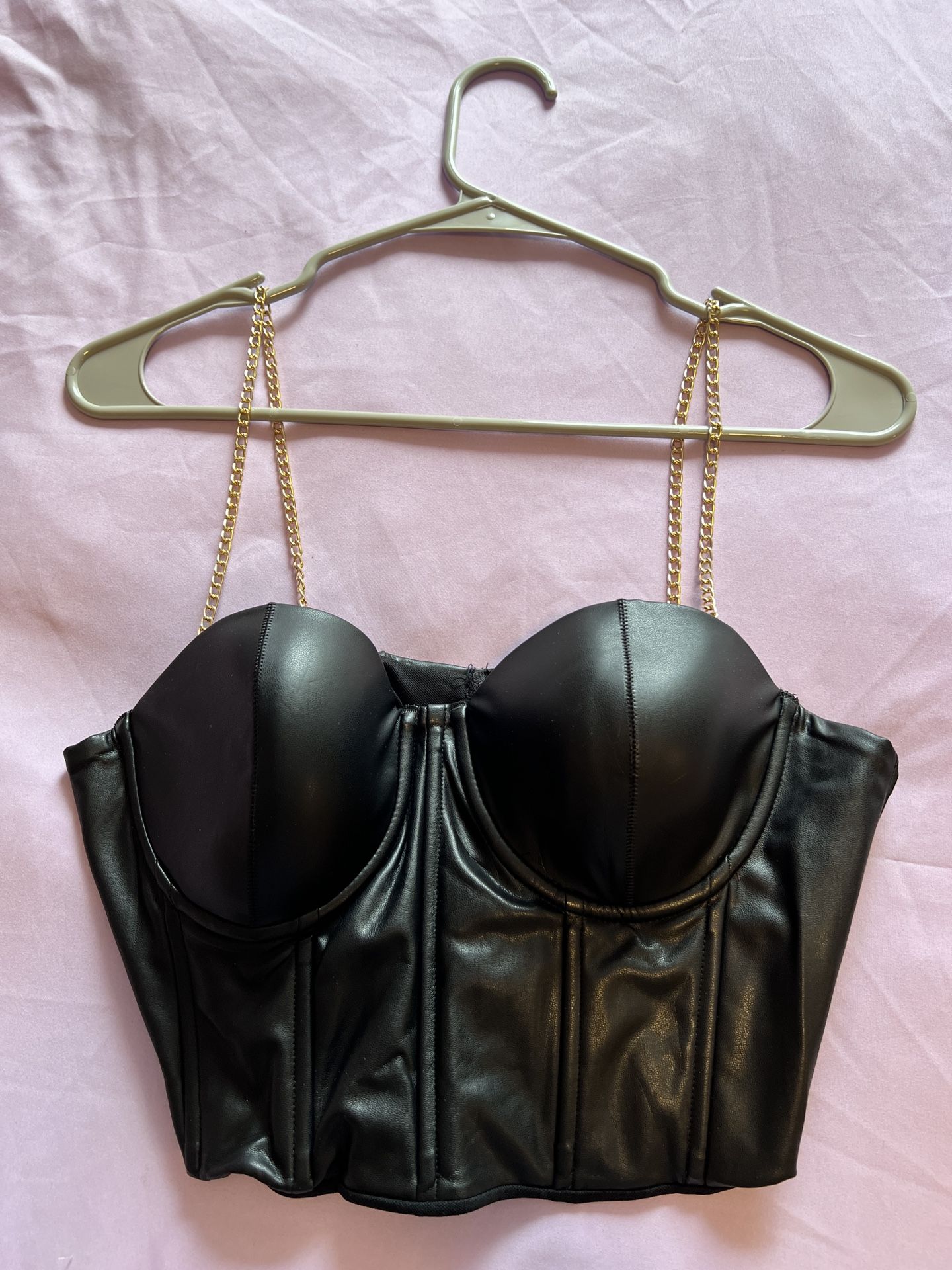 Women’s Removable Metal Shoulder Strap PU Leather Bustier Crop Top