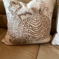 Beige pillow with pumpkin embroidery 18” (clean like new!) (the other pillow is also for sale)
