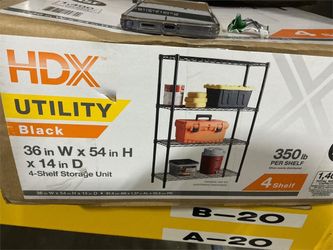New HDX 4-tier steel storage tote rack with casters, measuring  36” W x 54” H x 14” D