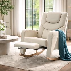 Rocking Chair with Foot Rest, Nursery Glider Teddy Gliding Rocking Chair with Retractable Footrest Rubber Wood Legs Side Pocket High Back & Wide Seat 