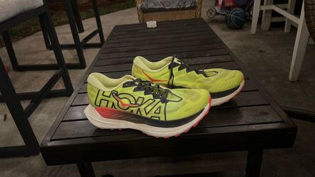 HOKA Rocket X Trail in the Neon Yuzu/Neon Flame colorway men size 12