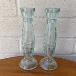 Vetreria Etrusca Glass Candle Holders Pair Sea Green 9" Made in Italy