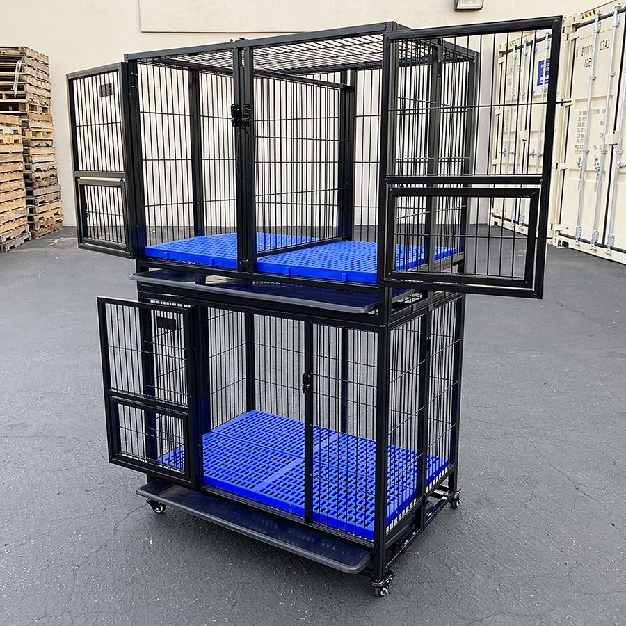 New $250 (Set of 2) Stackable Dog Cage 37x25x64” Heavy Duty Folding Kennel w/ Plastic Tray 