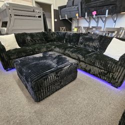 New Sectional Corduroy Fabric Black W/ LED & XL OTTOMAN $759