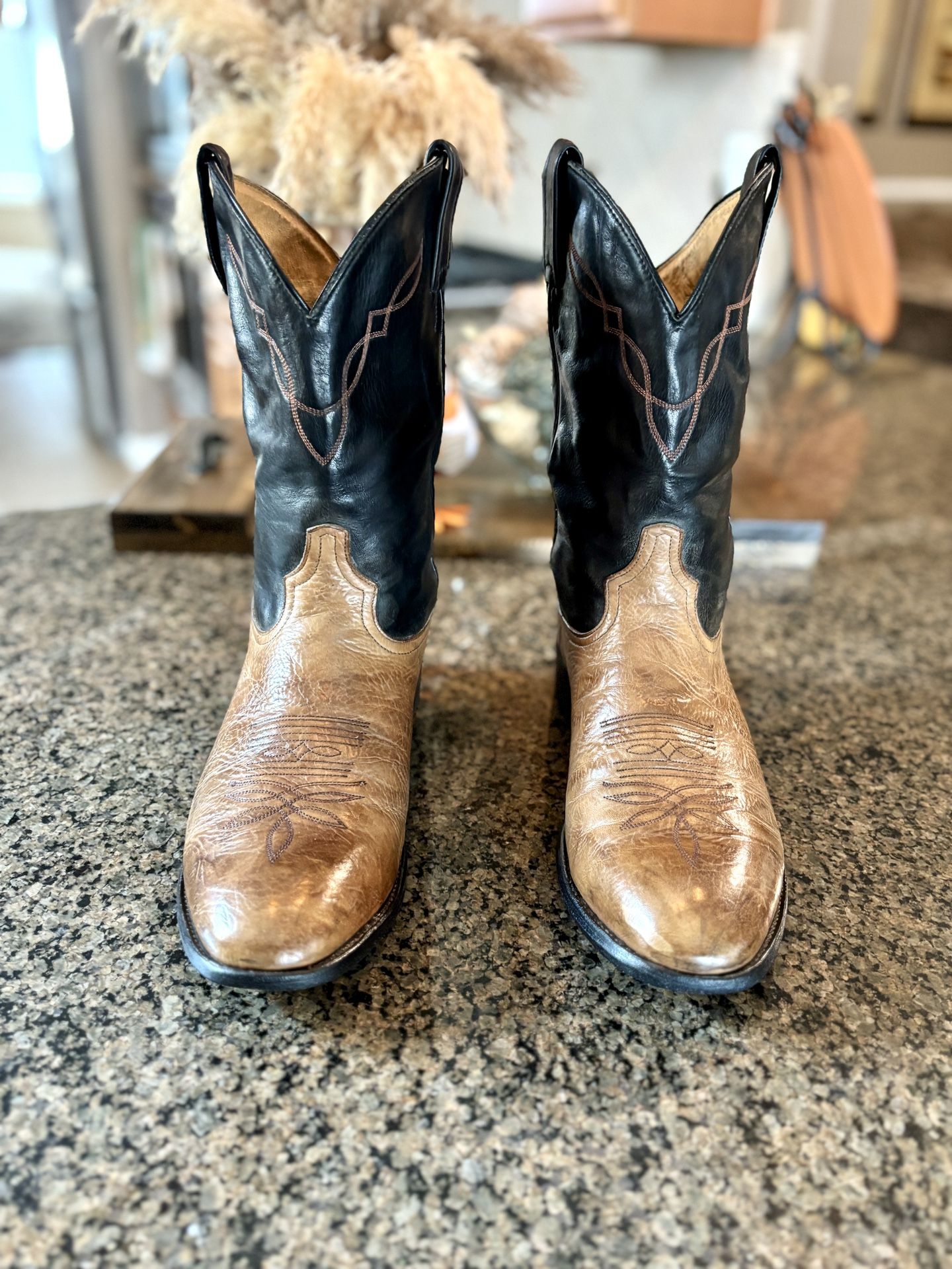 Tony Lama Cowboy Boots, Medium Brown with black uppers, Size 12D