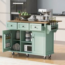 Kitchen Island with Rubber Wood Drop-Leaf Countertop, Cabinet Door Internal Storage Racks, Kitchen Cart on 5 Wheels with Storage Cabinet and 3 Drawers