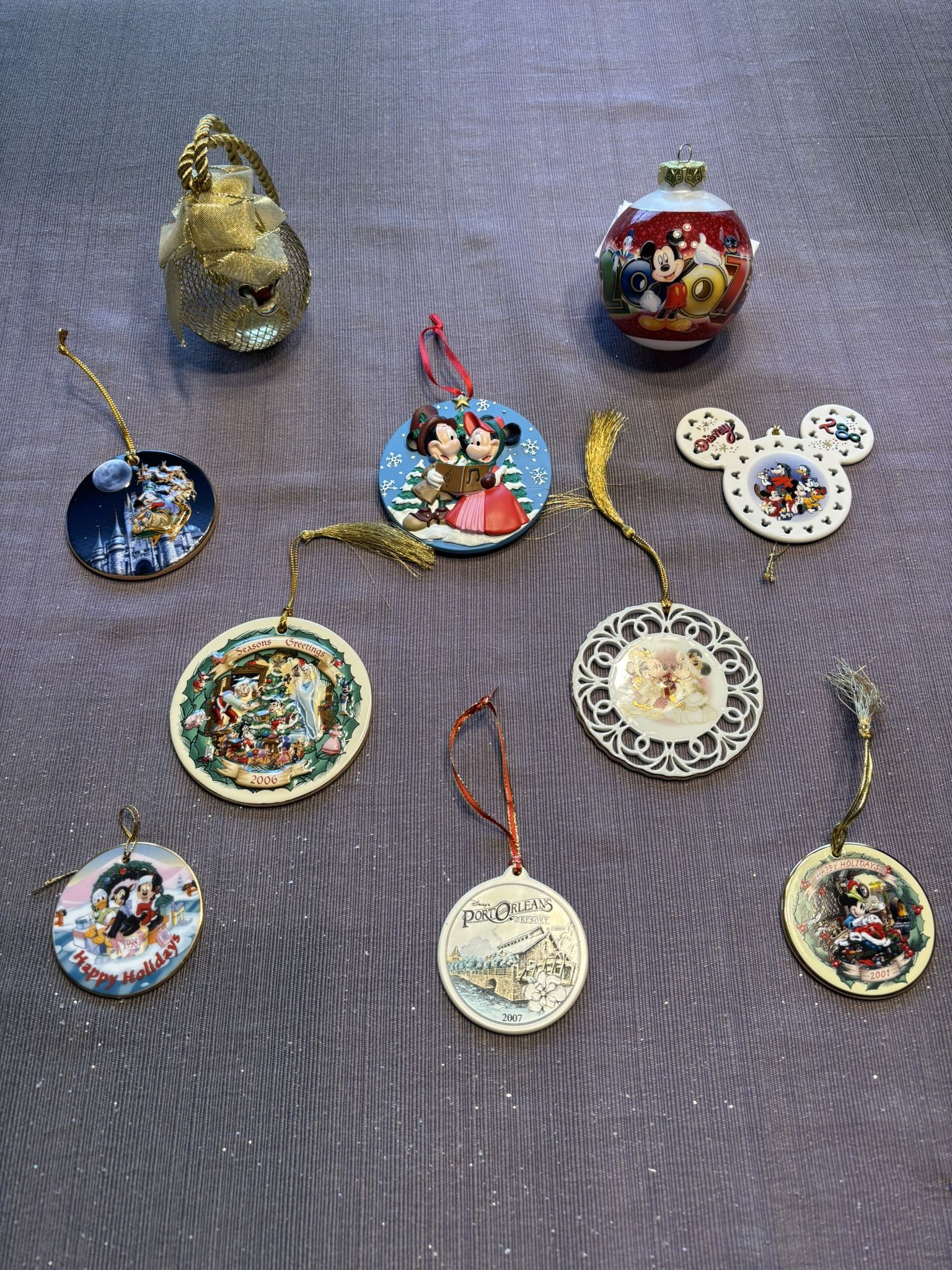 Genuine Vintage Walt Disney Christmas Tree Ornaments Decorations, lot of 10, new condition, vintage gold tone metal mesh ball Mickey ears, Disney blow