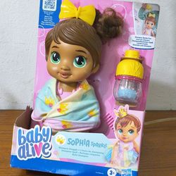 NEW!! Baby Alive Shampoo Snuggle Sophia Sparkle Brown Hair 11 Inch Water Baby Doll Playset