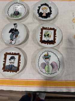 Set of 6 Lefton hanging China 4" Plates, Fancy Victorian Women & Men Vintage