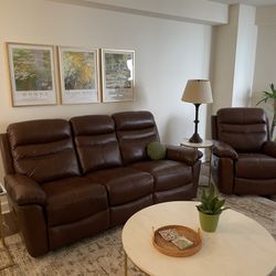 Brown Leather Reclining Couch and Glider/Recliner Set