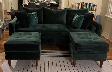 Green Velvet Sectional Sofa with Second Footrest, Throw Blankets + Pillows