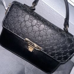 Anne Klein Black Embossed Logo Top Handle Bag Gold-Tone Turn Lock