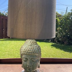 Blue Ceramic Buddha Table Lamp With Silk Shade