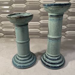 Pillar Candle Holders Pedestal Light Turquoise Blue Candleholder Pair Handmade