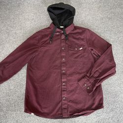 Vans Flannel Hoodie Shirt Mens Small Burgundy Corduroy Long Sleeve Button Up