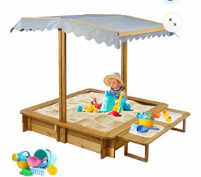 Wooden Sandbox with Cover, Outdoor Sand Box with Lid 2 Side Buckets,BrownGF05